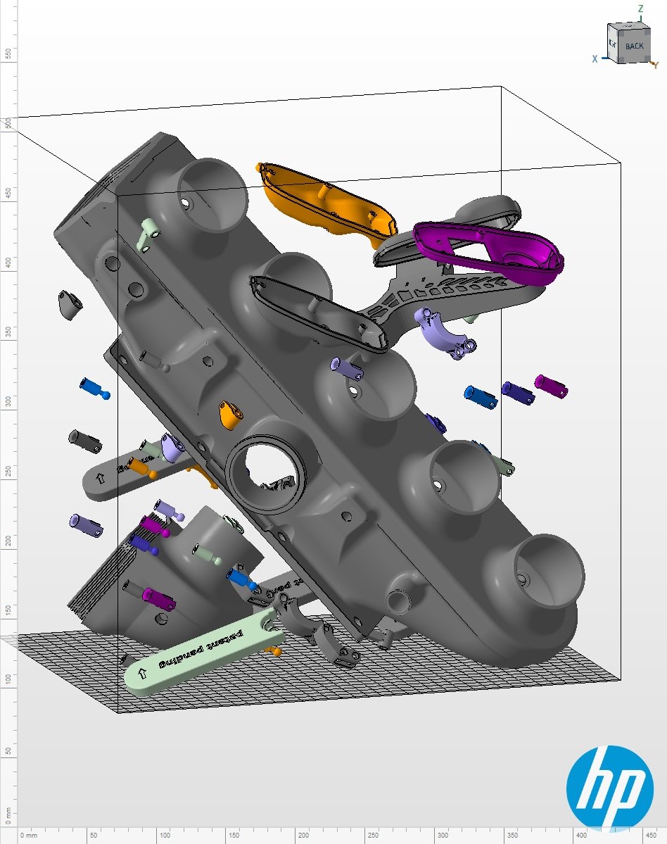 Build-layout software showing parts nested and oriented inside a 3D print build volume.